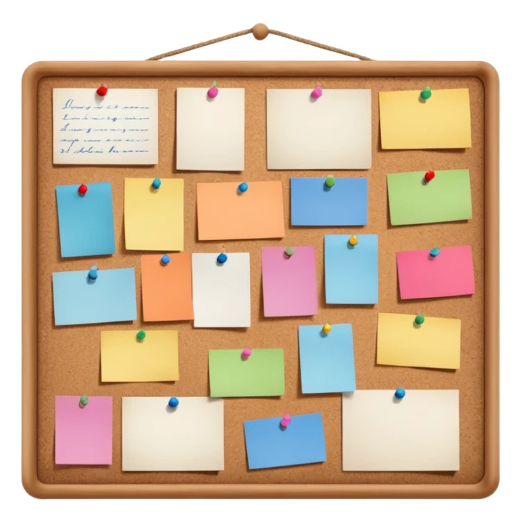 board with pinned photos and notes sticker