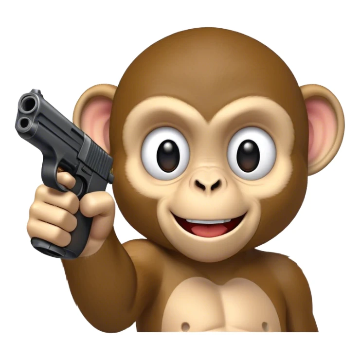 Monkey smiling while pointing a fake gun directly at the camera sticker