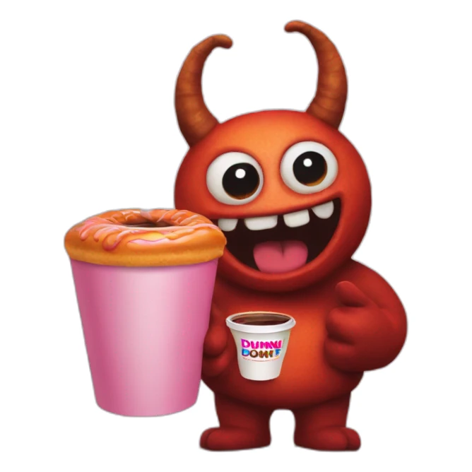 a demon holding a dunkin donuts coffee cup sticker