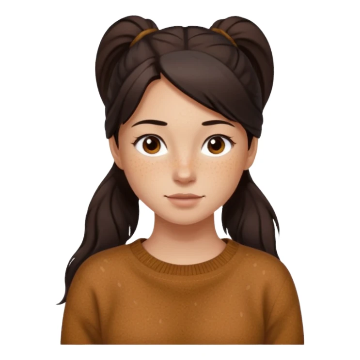 Девочка с длинными темными волосами в хвосте и веснушками в коричневой кофте sticker