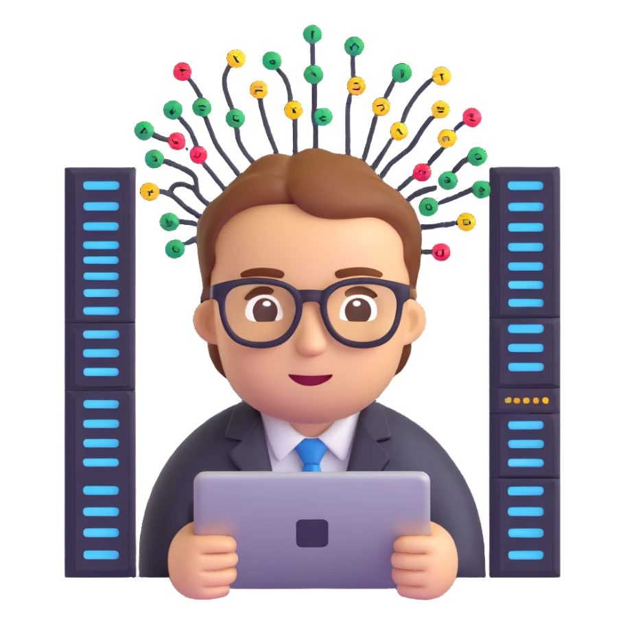 I.T. solution architect emoji wearing glasses, surrounded by servers and code symbols sticker