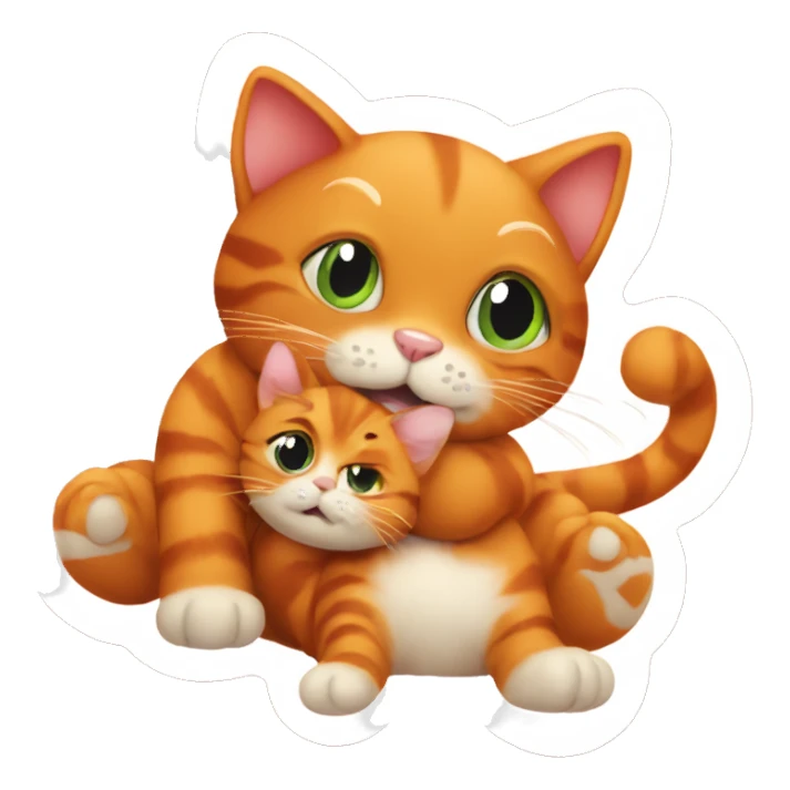 A big red cat playing with a small kitty sticker