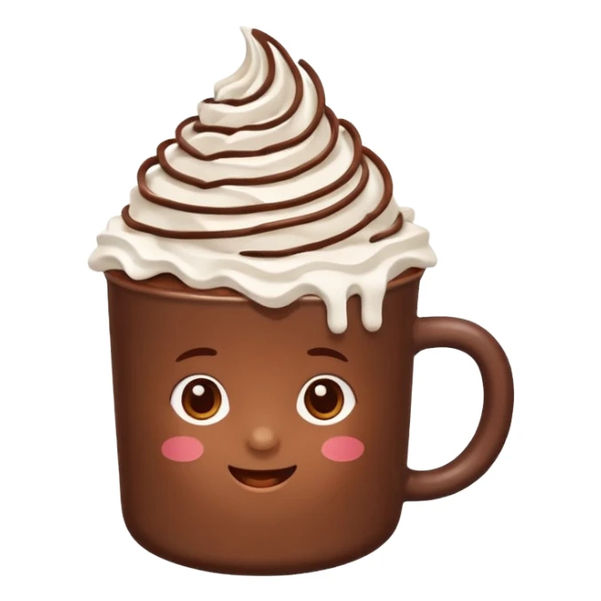 “hot chocolate emoji, whipped cream on top, chocolate shavings, cute, minimal, white background” sticker