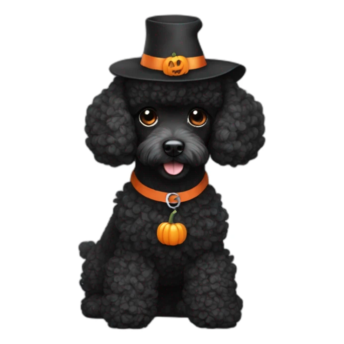 Black mini poodle wearing a pumpkin hat sticker