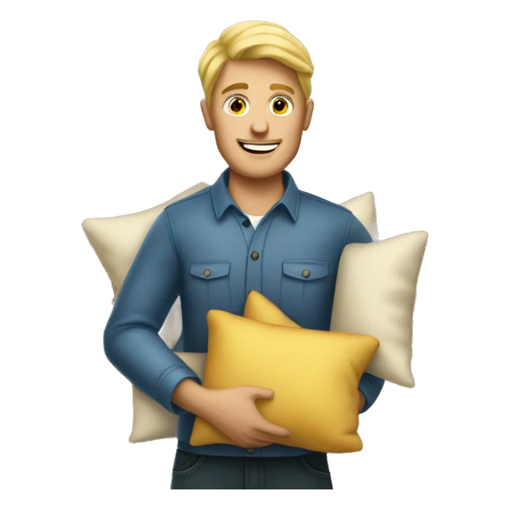 blonde man storekeeper holding pillows sticker
