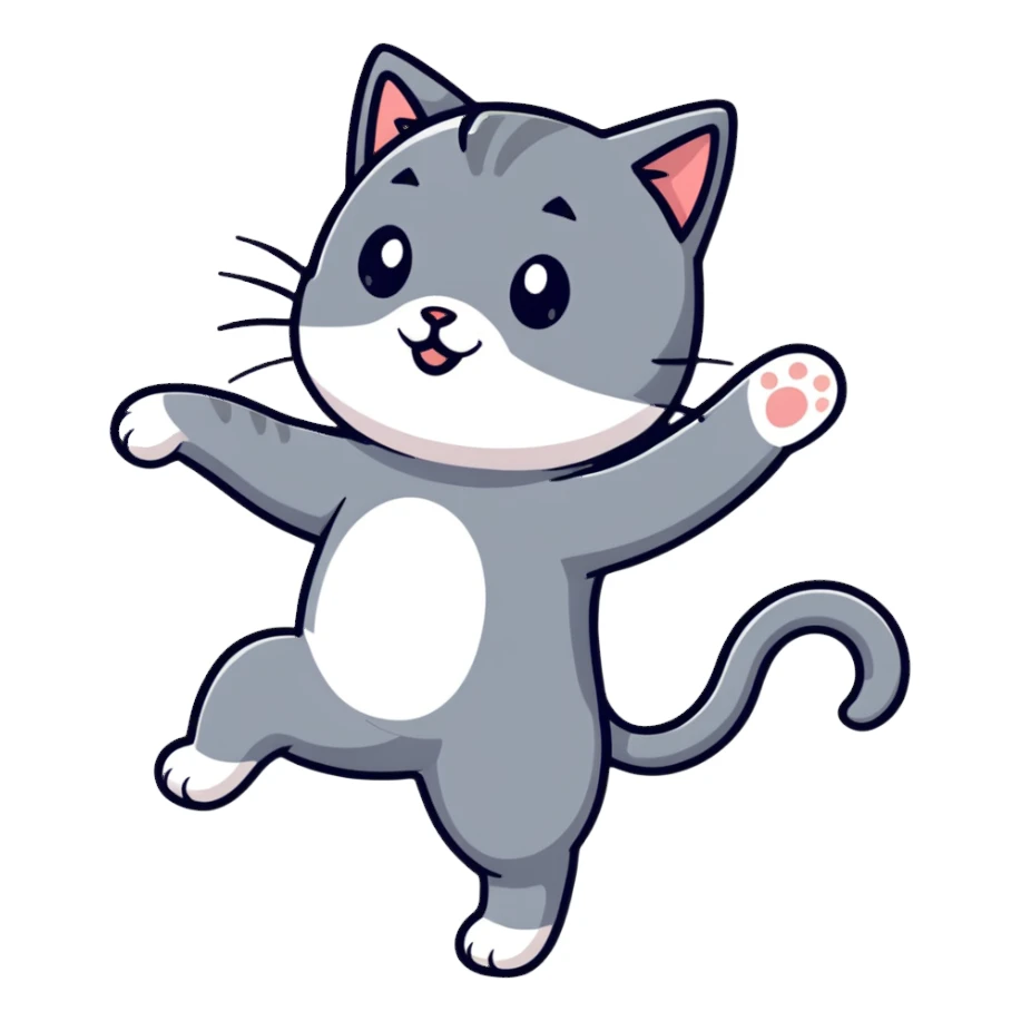 A grey cat with a white breast is dancing sticker