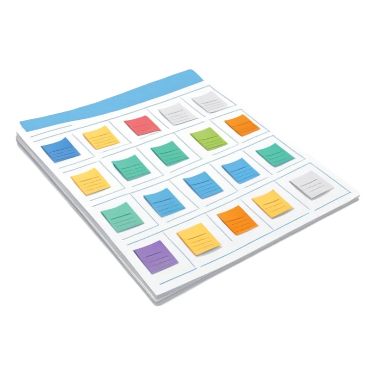  folded marketing sheet with colored tabs and layout lines sticker