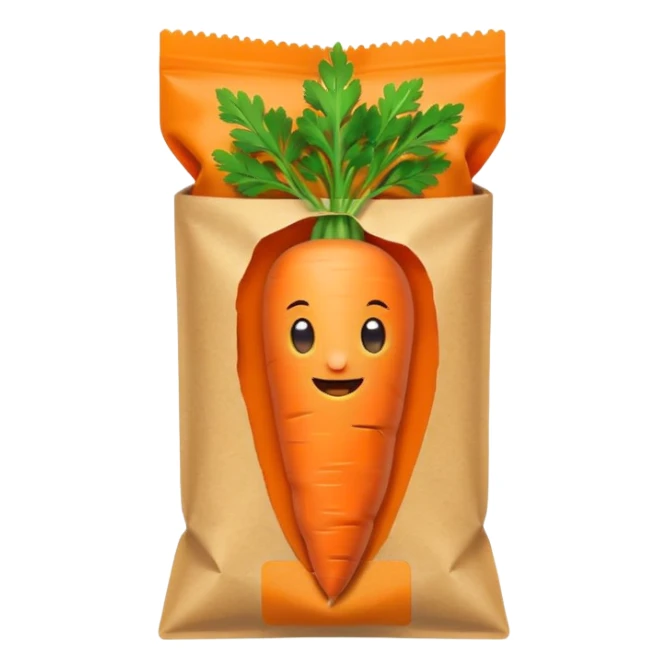 cute emoji carrot seed packet, small rectangular paper pouch, orange carrot, green leaves, minimal and friendly, clean lines, soft shading, white or light brown background sticker
