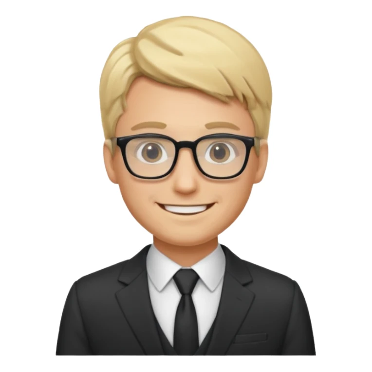Blonde man with square glasses and suit sticker