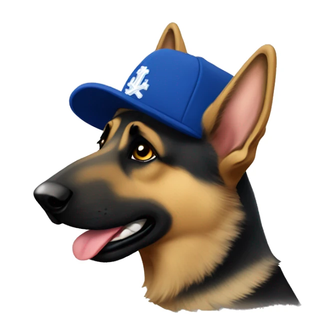 German shepherd with dodger hat sticker