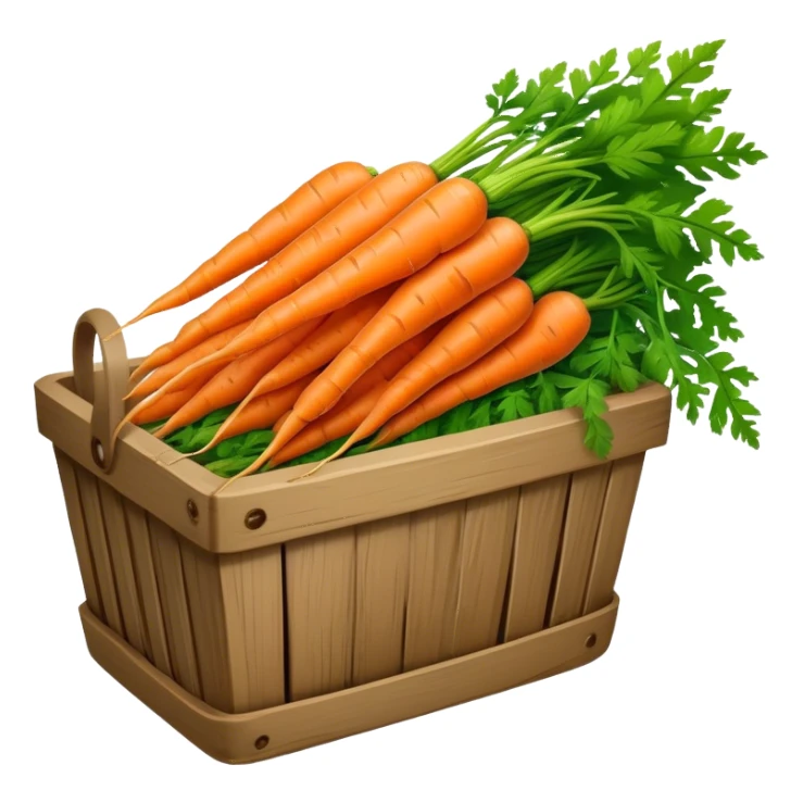 Cinematic vibrant orange carrot, crisp and fresh, slightly twisted with green leafy tops, arranged in a rustic wooden basket, natural and inviting. sticker
