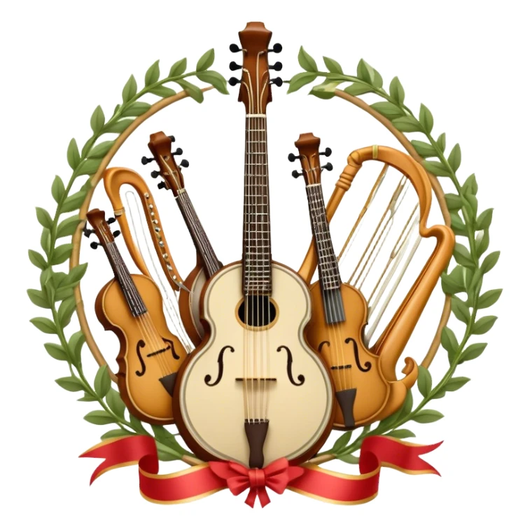 Design a complex and festive emblem-like emoji representing plucked string instruments, such as a banjo, mandolin, domra, sitar, and similar instruments. The composition should resemble a heraldic crest, with the instruments arranged symmetrically and gracefully, their necks intertwining with a flowing ribbon of musical notes. The ribbon should weave through the strings and headstocks, symbolizing the harmonious connection between the instruments. Use detailed engraving on the instrument bodies and fretboards to emphasize their craftsmanship. Incorporate rich, celebratory colors like gold, mahogany brown, deep green, and vibrant accents. Add subtle shading and light reflections to create a three-dimensional, polished look. Include ornate elements like swirls, laurel leaves, and decorative flourishes to enhance the festive and professional appearance. The background should be transparent to highlight the emblem as a standalone piece. sticker