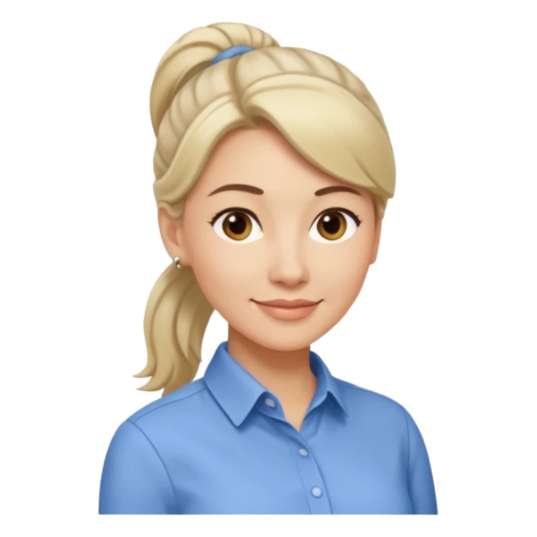 Женщина среднего возраста с волосами, собранными в аккуратный хвост, лёгкая уверенная улыбка, строгая однотонная блузка, стиль деловой и сдержанный. sticker