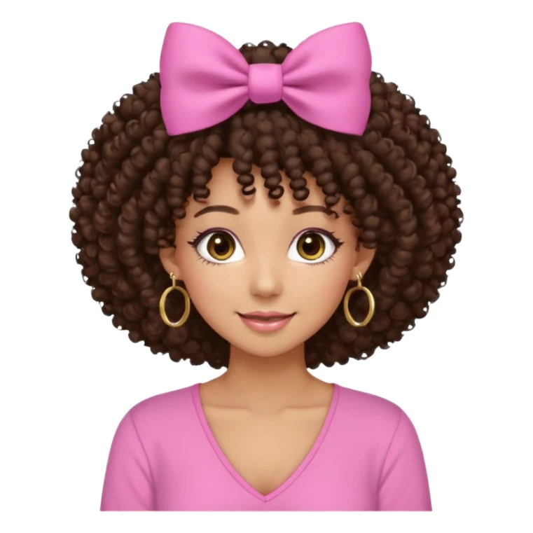 Naturally tan skin girl short darkBrown curly afropink shirt very long lashes hoop gold earrings Brown eyes gyaru smiling closed mouth cute bow hairclip small on the side. V neck pink shirt. Teenager sticker