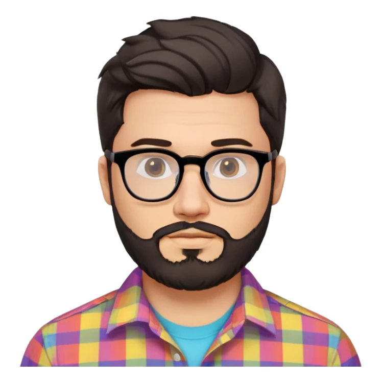 a 30-year-old man with light skin, medium solid build, wide face, soft cheeks, rounded jawline, neutral relaxed expression, short dense full beard, wavy voluminous brown-black hair at the front, large rectangular black thick frame glasses, colorful button-up shirt open showing white t-shirt sticker