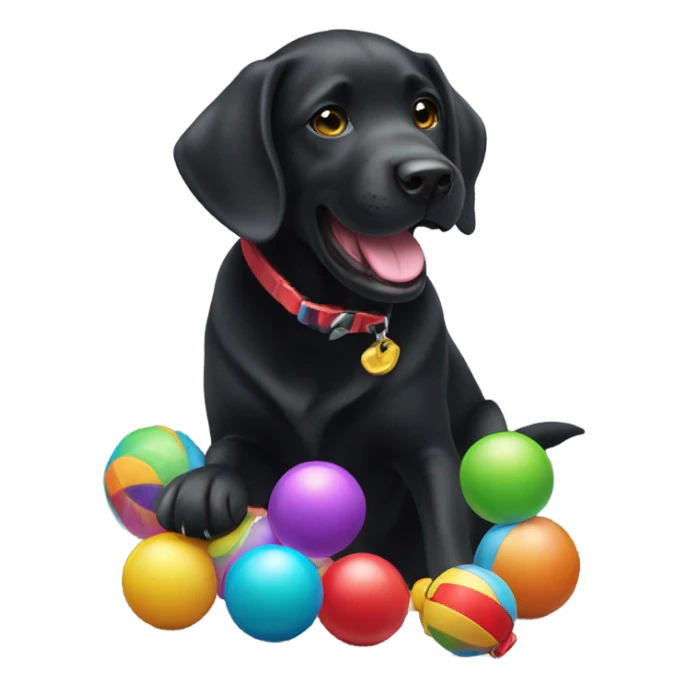A black labrador with a toy sticker