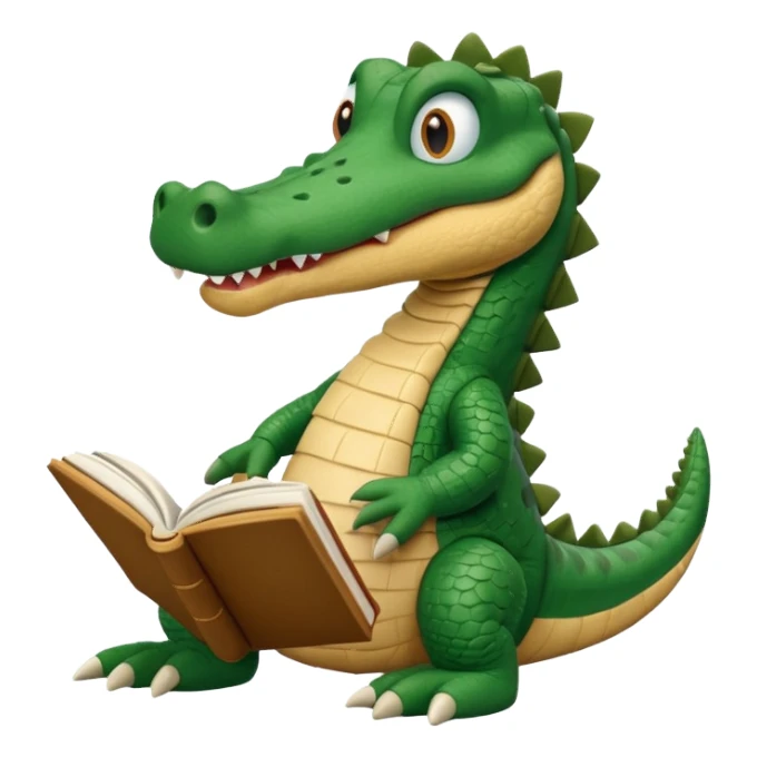 A claymation-style academic alligator with a book. The background is a solid white circle sticker