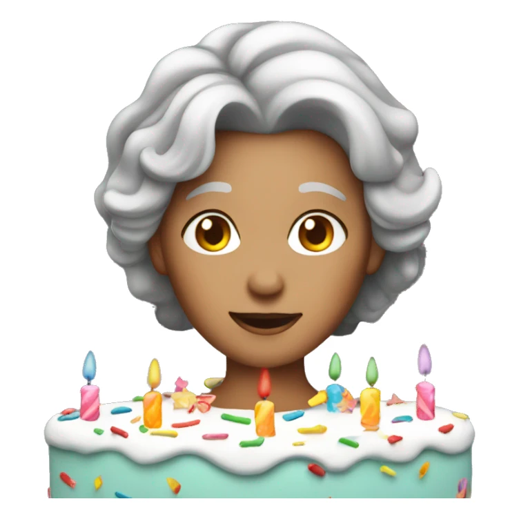 Gray haired lady with birthday cake sticker