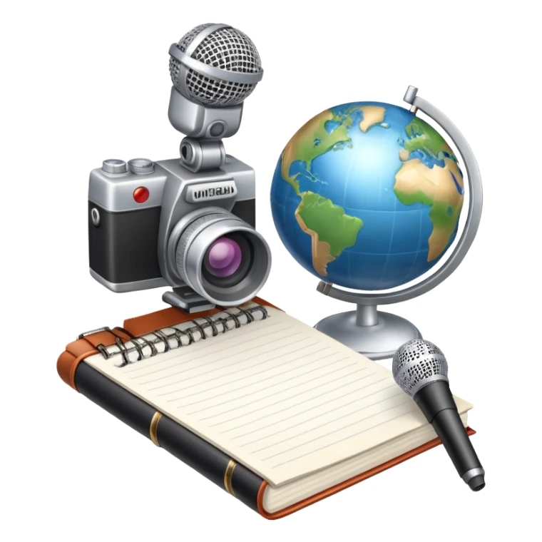 An icon showing a microphone, a notepad, and a camera, symbolizing journalism. The design includes a globe in the background, representing global news, and a breaking news banner for emphasis. Transparent background highlights the dynamic world of media and reporting. sticker