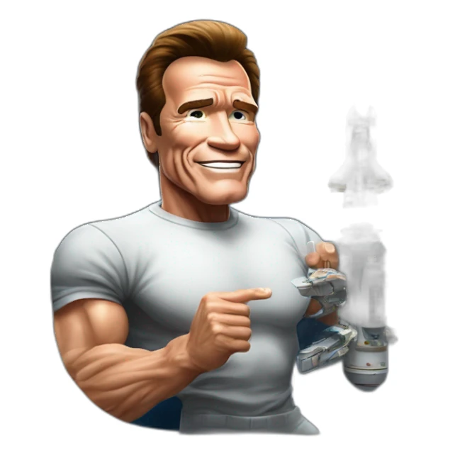 arnold schwarzenegger saludando desde la ventanilla de una nave espacial sticker