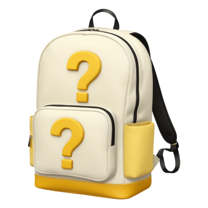White backpack with yellow questions mark boxes stuffed in it sticker