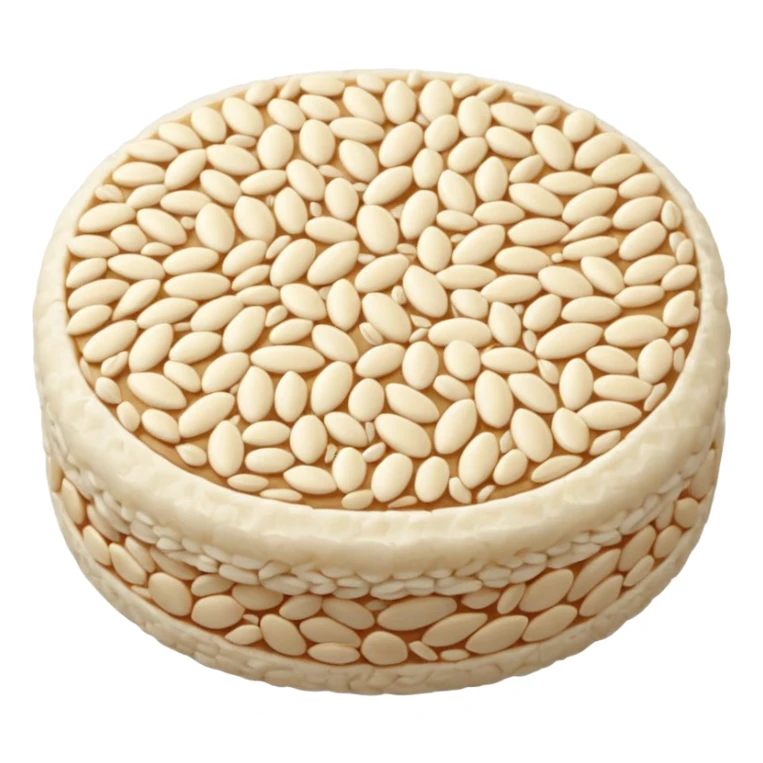 A round puffed rice cake, flat disc shape, light beige/off-white color, bumpy textured surface showing compressed puffed rice grains, crispy appearance, simple flat design, centered on transparent background. sticker