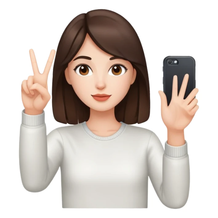 Brunette girl making peace sign while taking selfie sticker