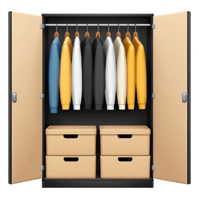 Minimalistic flat vector icon, iOS style, thin black contour on white background. Open wardrobe with neatly arranged boxes inside. Clean, no text, no shadows sticker