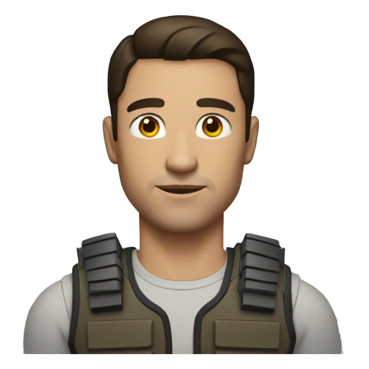 brunette man with bulletproof vest sticker