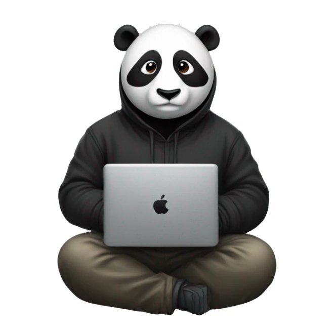 panda hacker, wearing a black hoodie, and an apple computer sticker