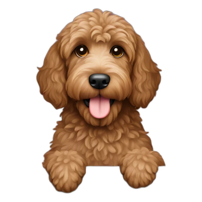 brown labradoodle dog with a laptop sticker
