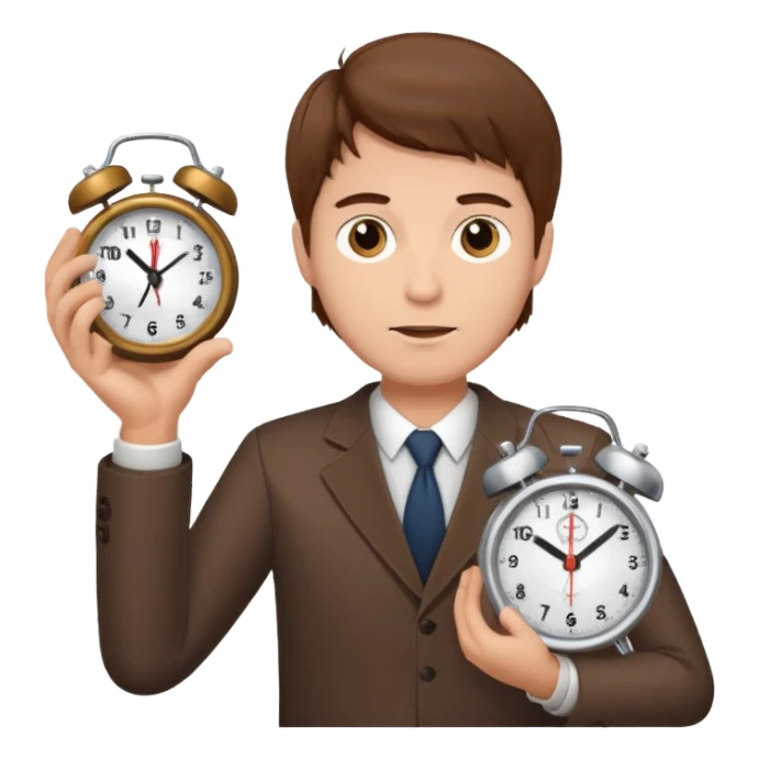 A man with brown hair holding an alarm clock sticker