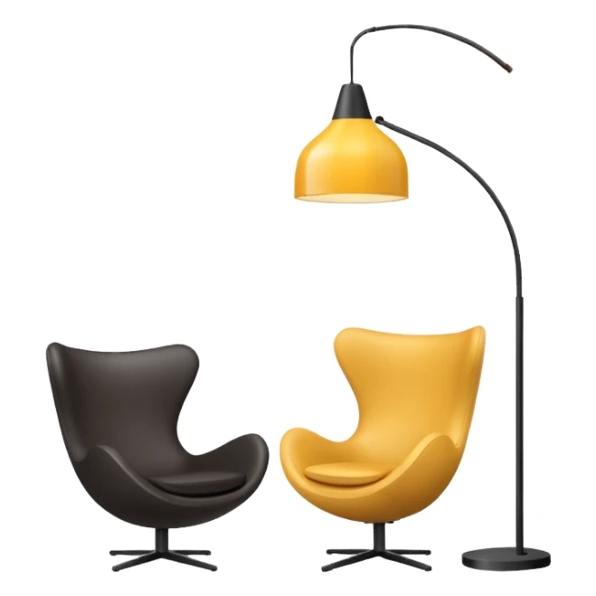 Create a minimalistic and stylish custom emoji that represents a premium interior design studio. The emoji should include a sleek modern chair, a hanging designer lamp, and architectural elements like a floor plan or a paint swatch.  sticker