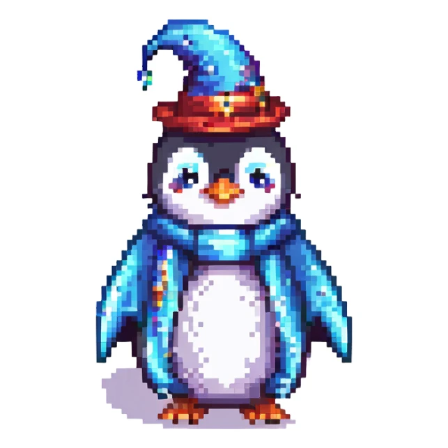 crazy wizard penguin, pixel art style, exaggerated features, wizard robe, sparkles sticker