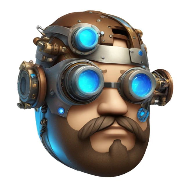 Fat cyborg head with blue steampunk goggles, brown beard and circuits sticker