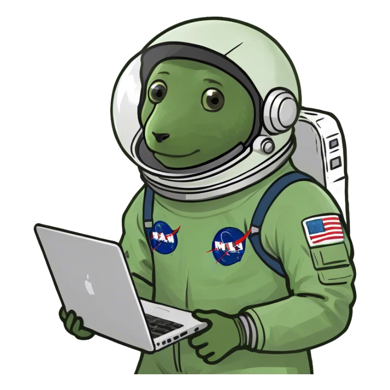 astronaut scientist with a rocket and a computer, on moon sticker