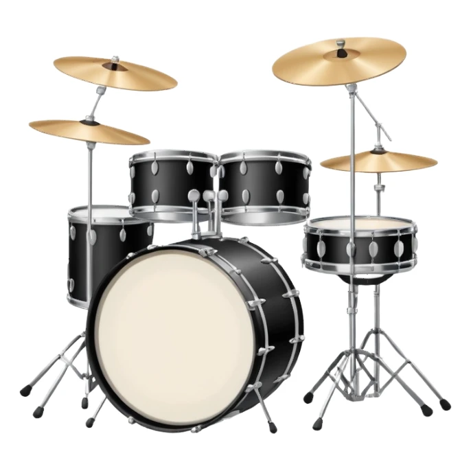 Minimalistic flat vector icon, iOS style, thin black contour on white background. Drum set with two drumsticks above. Clean, no text, no shadows sticker