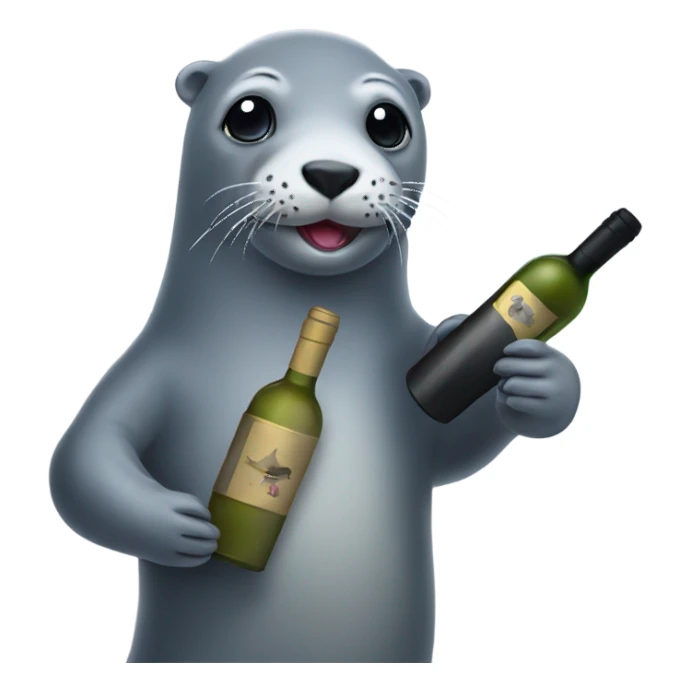 Grey seal holding a bottle of wine sticker