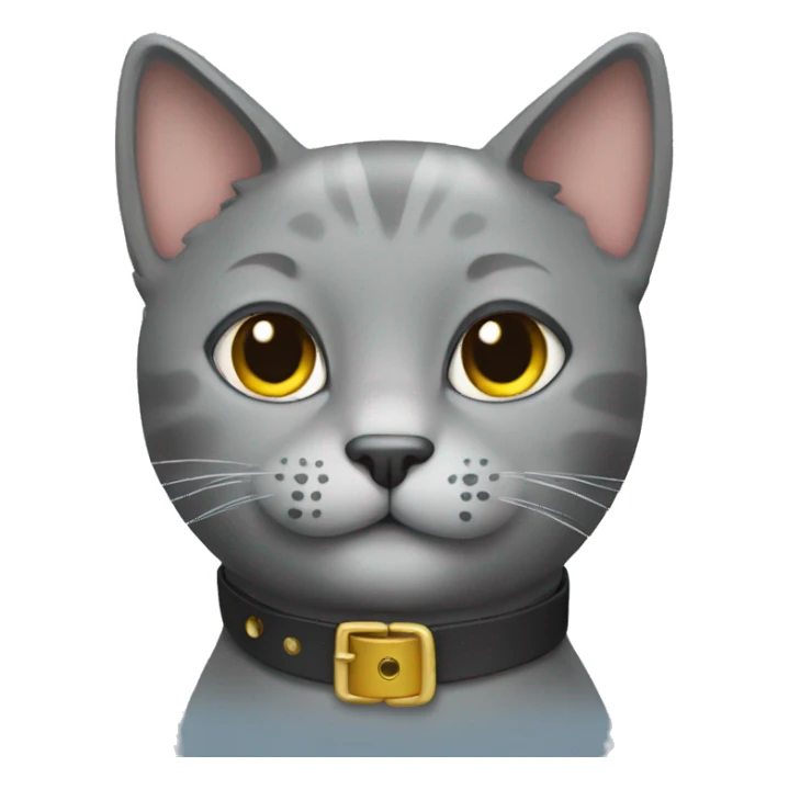 Gray cat with a collar sticker