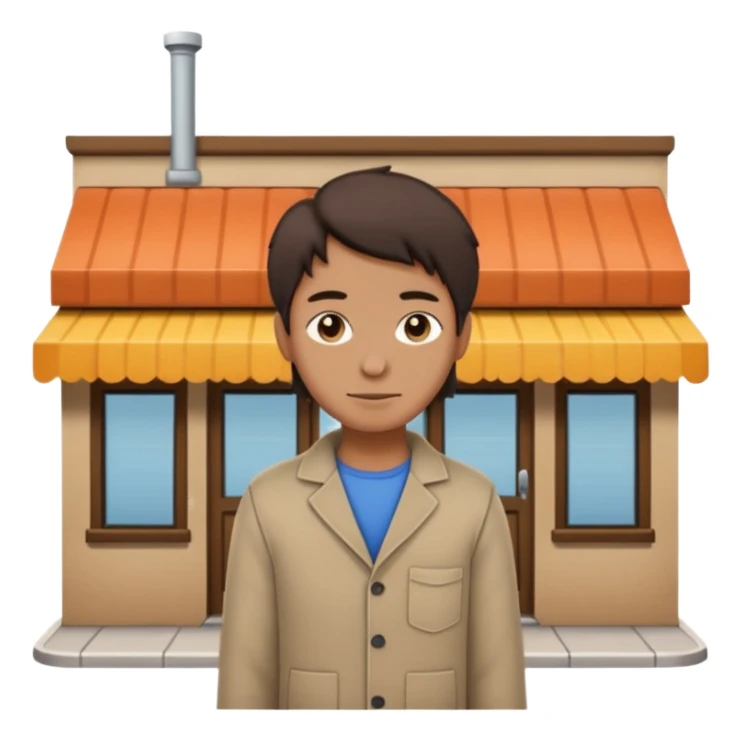 grown  2D line-drawn character + small shop sticker