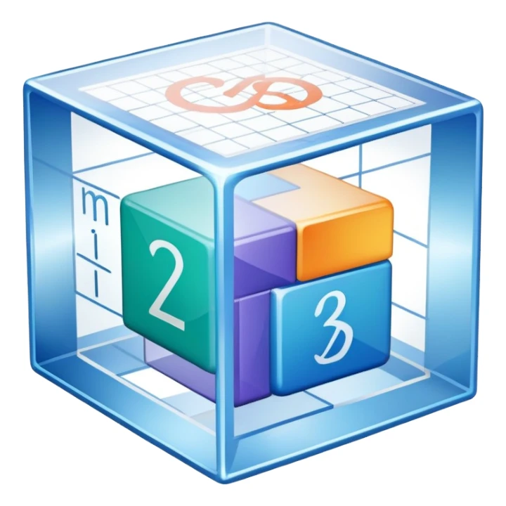 An icon featuring a transparent cube with geometric sections and mathematical calculations, symbolizing the study of mathematics. The design includes algebraic formulas, graphs, and mathematical symbols, representing advanced mathematical concepts and problem-solving. Transparent background sticker