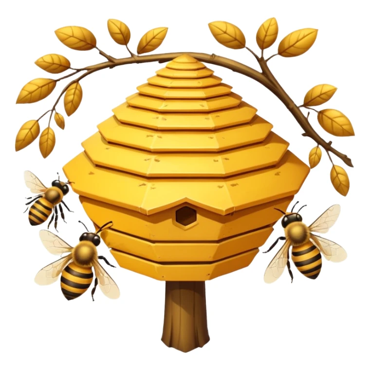 A small hive nestled between tree branches with worker bees. sticker