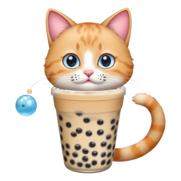 cat drinking bubble tea, cat with boba pearls on whiskers, blue background sticker