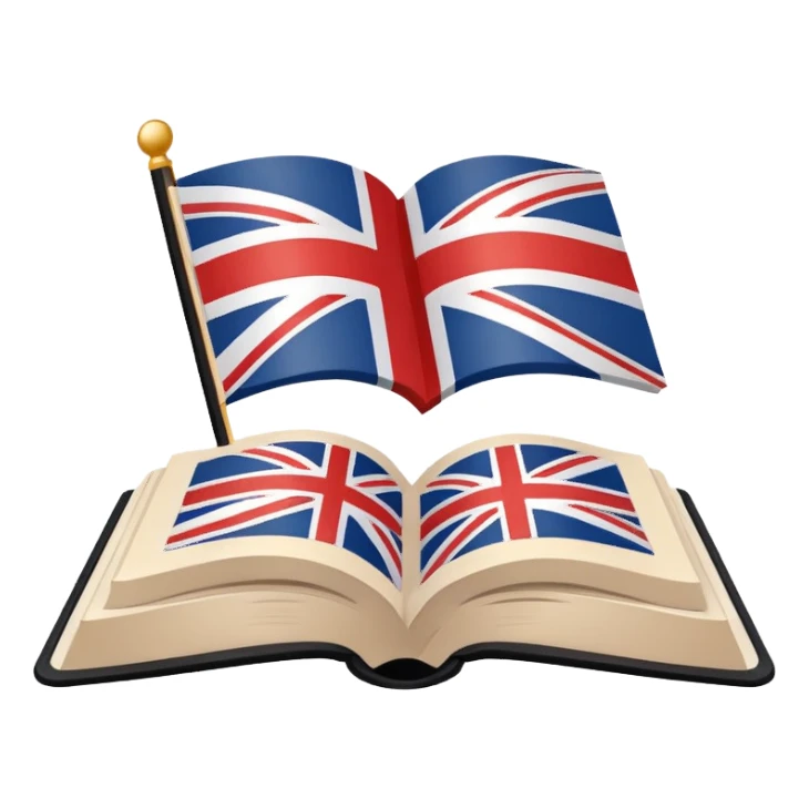 Minimalistic flat vector icon, iOS style, thin black contour on white background. Open book with a small UK/USA flag symbol. No text, no shadows. sticker
