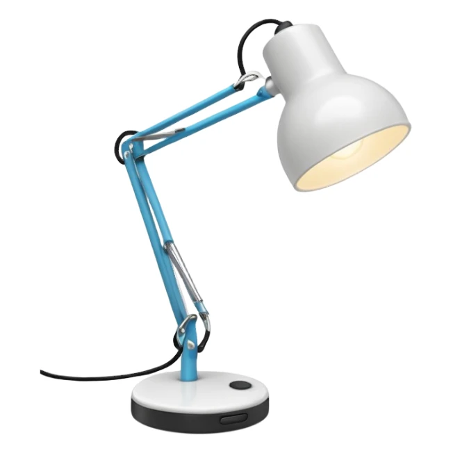 A small white desk lamp with a round base and a flexible, jointed neck. It leans forward playfully, like it’s alive, with a big circular light as its “head.” Iconic and full of character. sticker