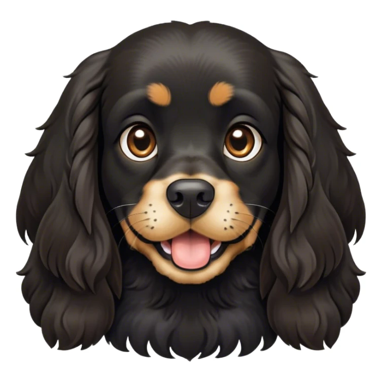 Cinematic Comical Black Cocker Spaniel Portrait Emoji, Head tilted dramatically with an exaggeratedly amused expression, featuring a shiny black coat with noticeable tan accents, wide, expressive dark eyes filled with playful disbelief, Simplified yet hilariously expressive features, highly detailed, glowing with a slightly sassy glow, high shine, dramatic yet playful, stylized with an air of cheeky mischief, bright and endearing, soft glowing outline, capturing the essence of a spirited and over-the-top companion, so meme-worthy it feels like it could side-eye its way into internet fame instantly! sticker