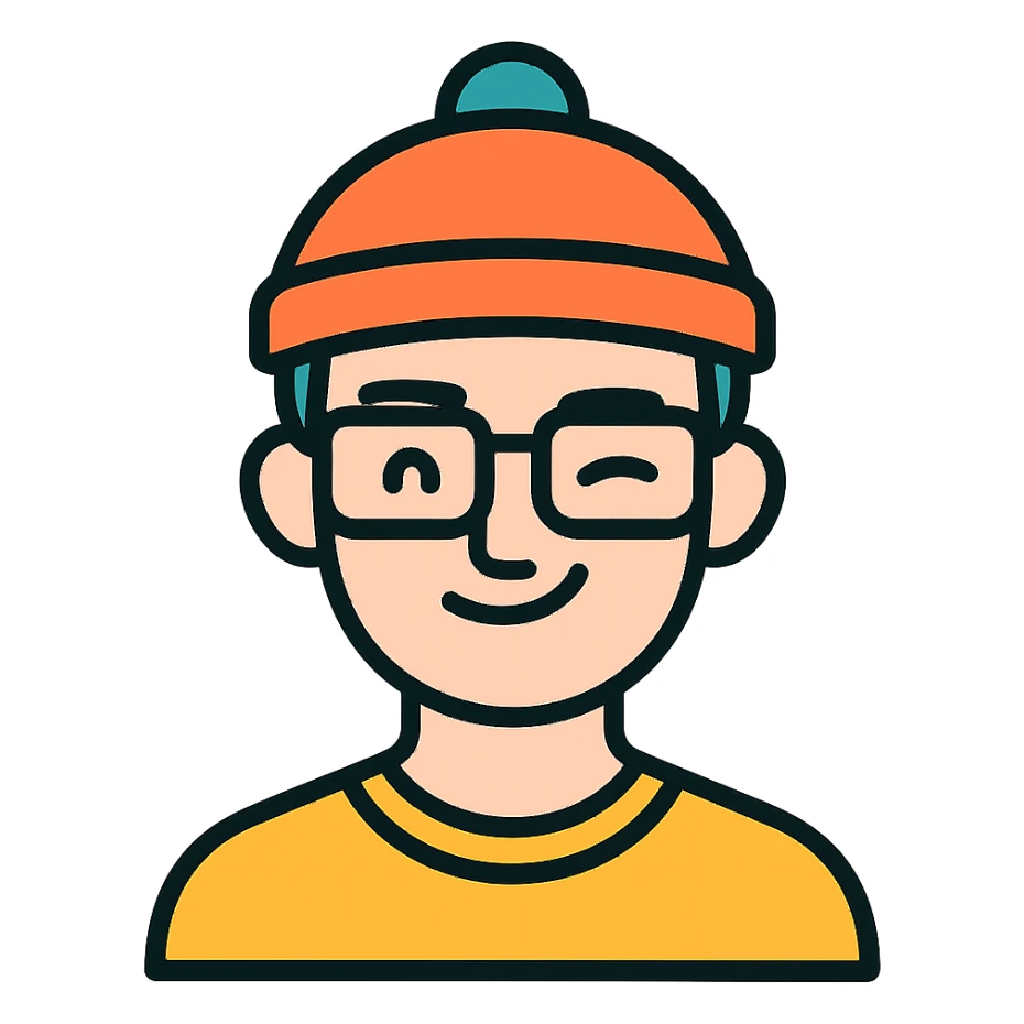 a guy with rectangle glasses, beanie, winking, flat color icon style sticker