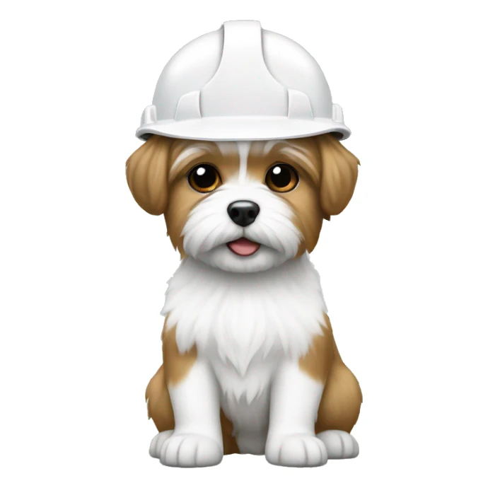 White shorkie wearing white hard hat sticker