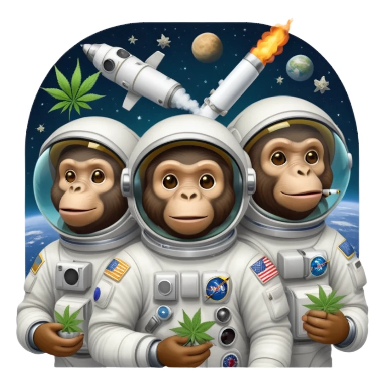 group of apes in astronaut suits floating in space smoking weed sticker