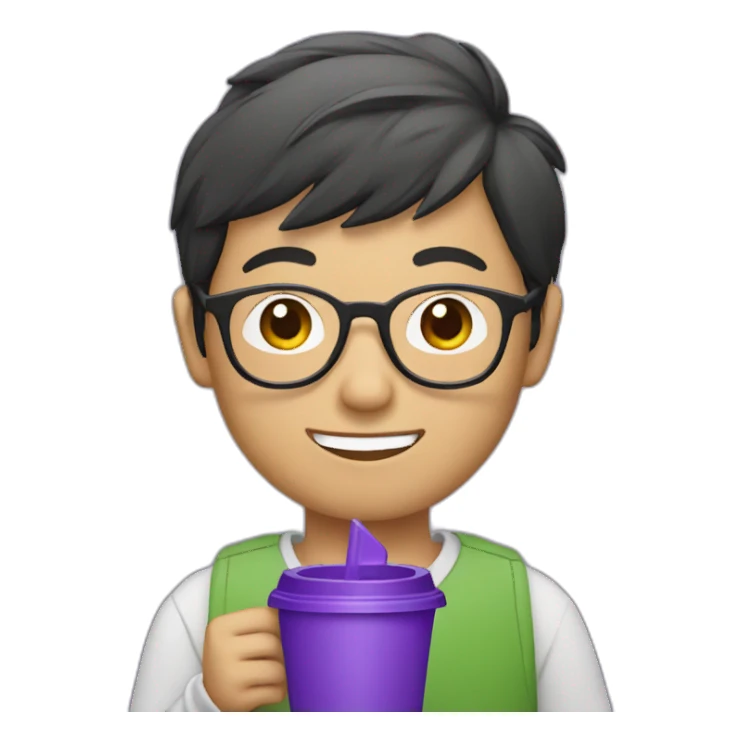 asian boy in specs with a purple cup sticker
